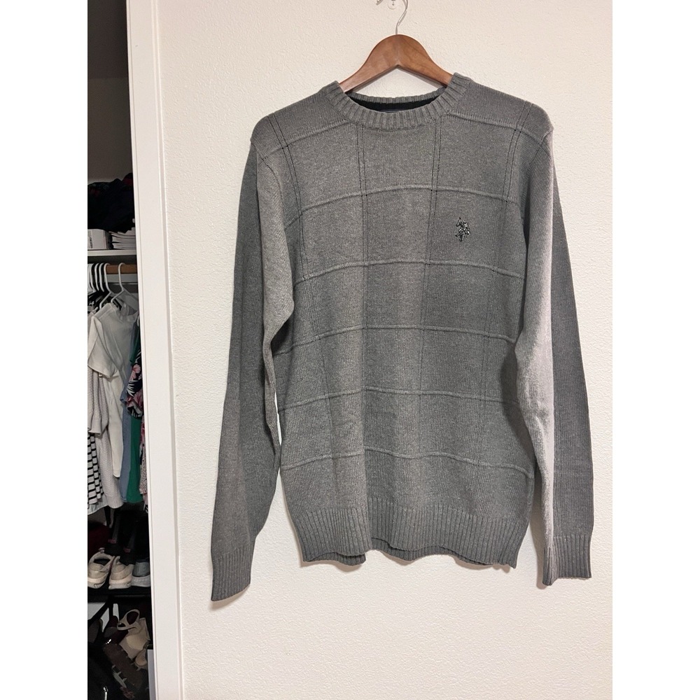 U.S. Polo Assn Mens Sweater Size Large Gray Crewneck Cotton‎ Pullover Logo Knit